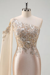 Champagne one shoulder applique mermaid prom dress