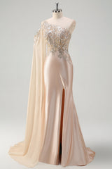 Champagne one shoulder applique mermaid prom dress