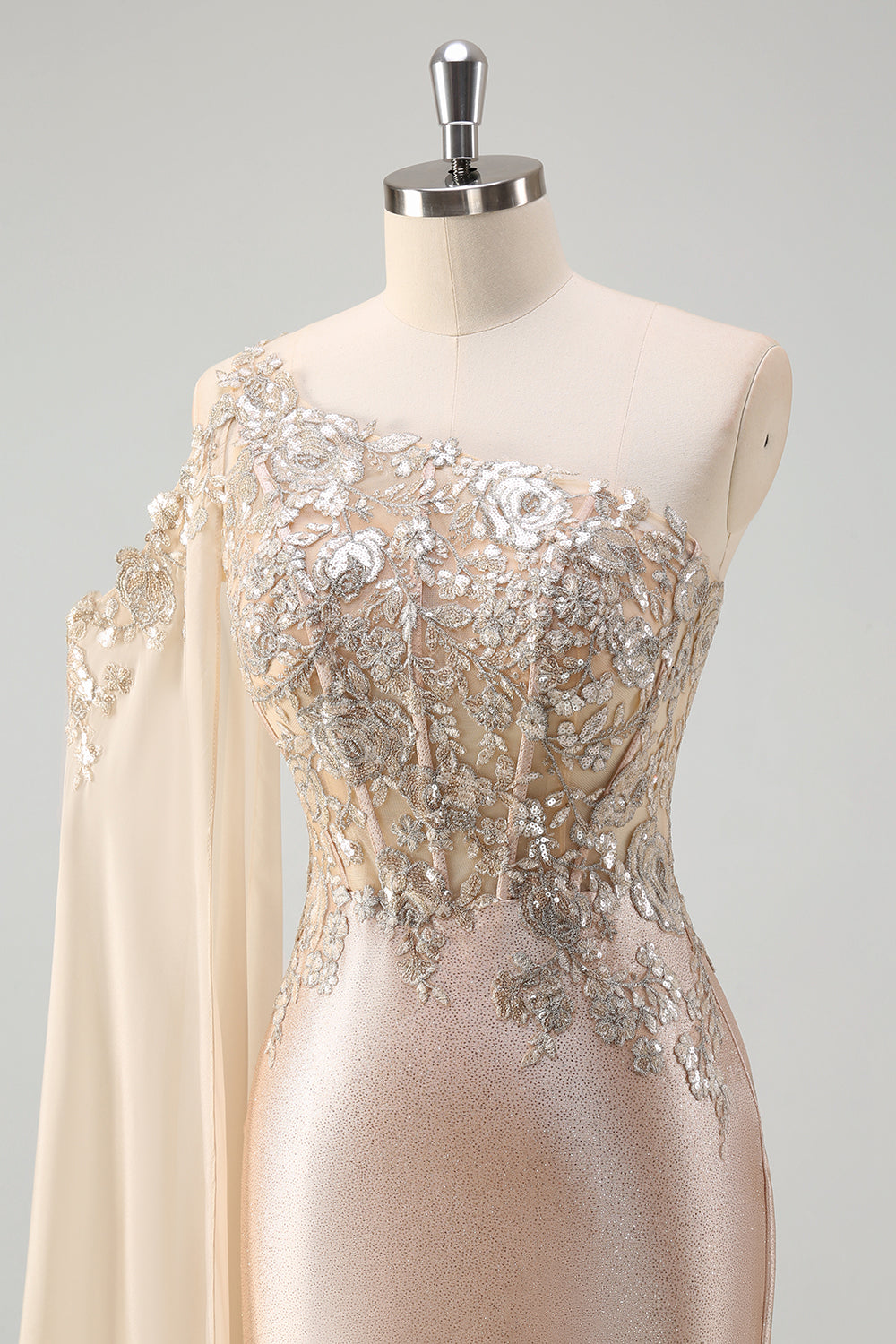 Champagne one shoulder applique mermaid prom dress