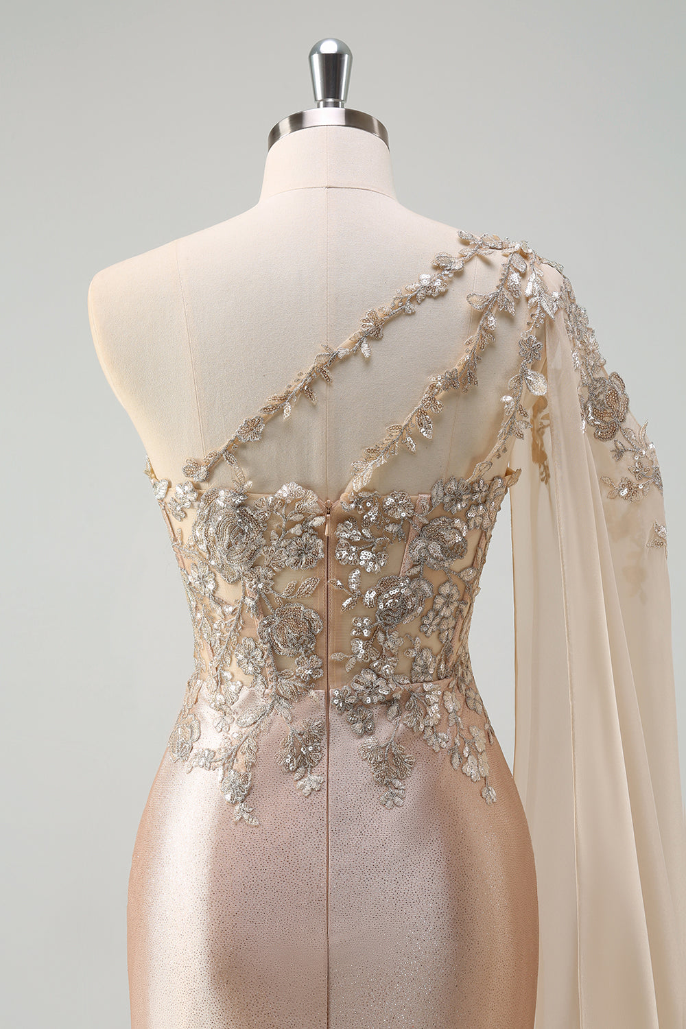 Champagne one shoulder applique mermaid prom dress