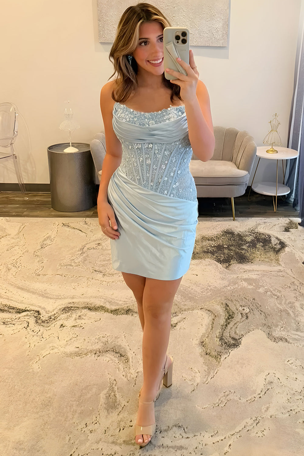 Sparkly Champagne Satin Bodycon Short Corset Homecoming Dress with Lace