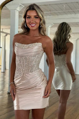 Sparkly Champagne Satin Bodycon Short Corset Homecoming Dress with Lace