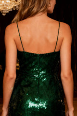 Sparkly Dark Green Sequin Spaghetti Straps Mini Cocktail Dress with Ruffles