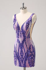 Sparkly Dark Purple V Neck Bodycon Sequins Homecoming Dress
