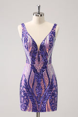 Sparkly Dark Purple V Neck Bodycon Sequins Homecoming Dress