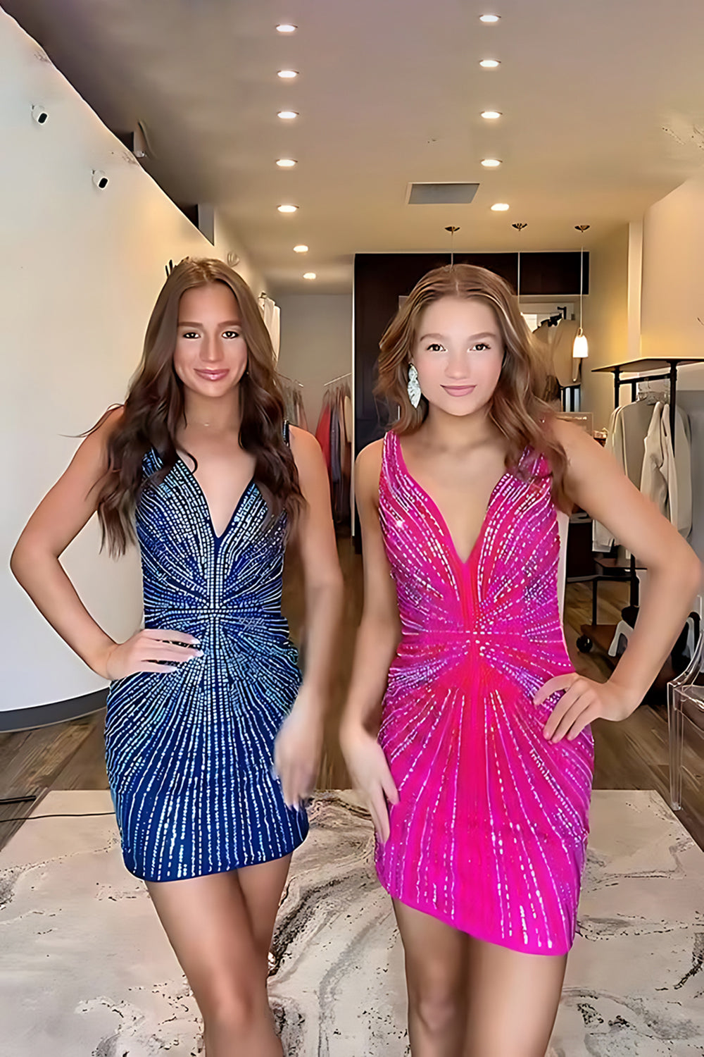 Sparkly Fuchsia Beaded Depp V-Neck Short Bodycon Homecoming Dress