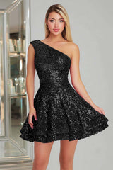 Sparkly Fuchsia One Shoulder A-Line Short Sequin Homecoming Dress