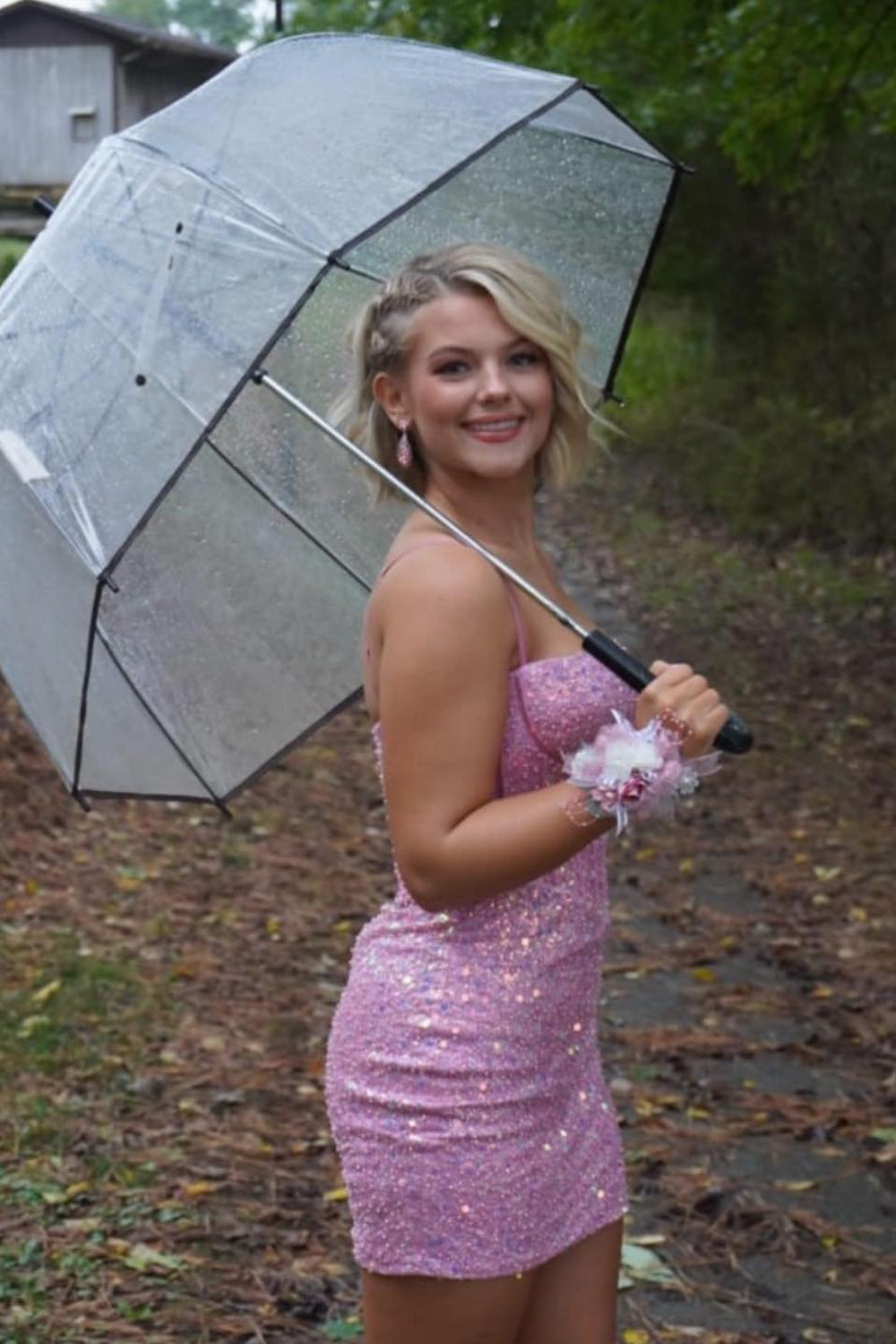 Sparkly Fuchsia Spaghetti Straps Sequins Bodycon Short Corset Homecoming Dress