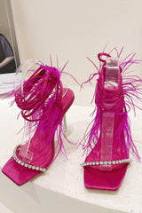 Sparkly Fuchsia Strappy Stiletto Heel Sandals with Feather