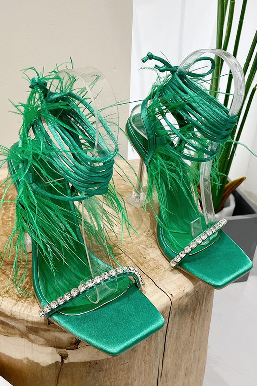 Sparkly Fuchsia Strappy Stiletto Heel Sandals with Feather