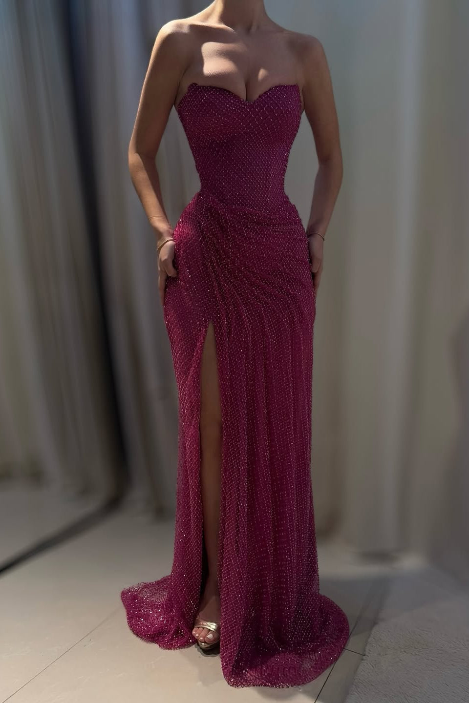 Sparkly Fuchsia Sweetheart Beaded Strapless Formal Dress with Slit