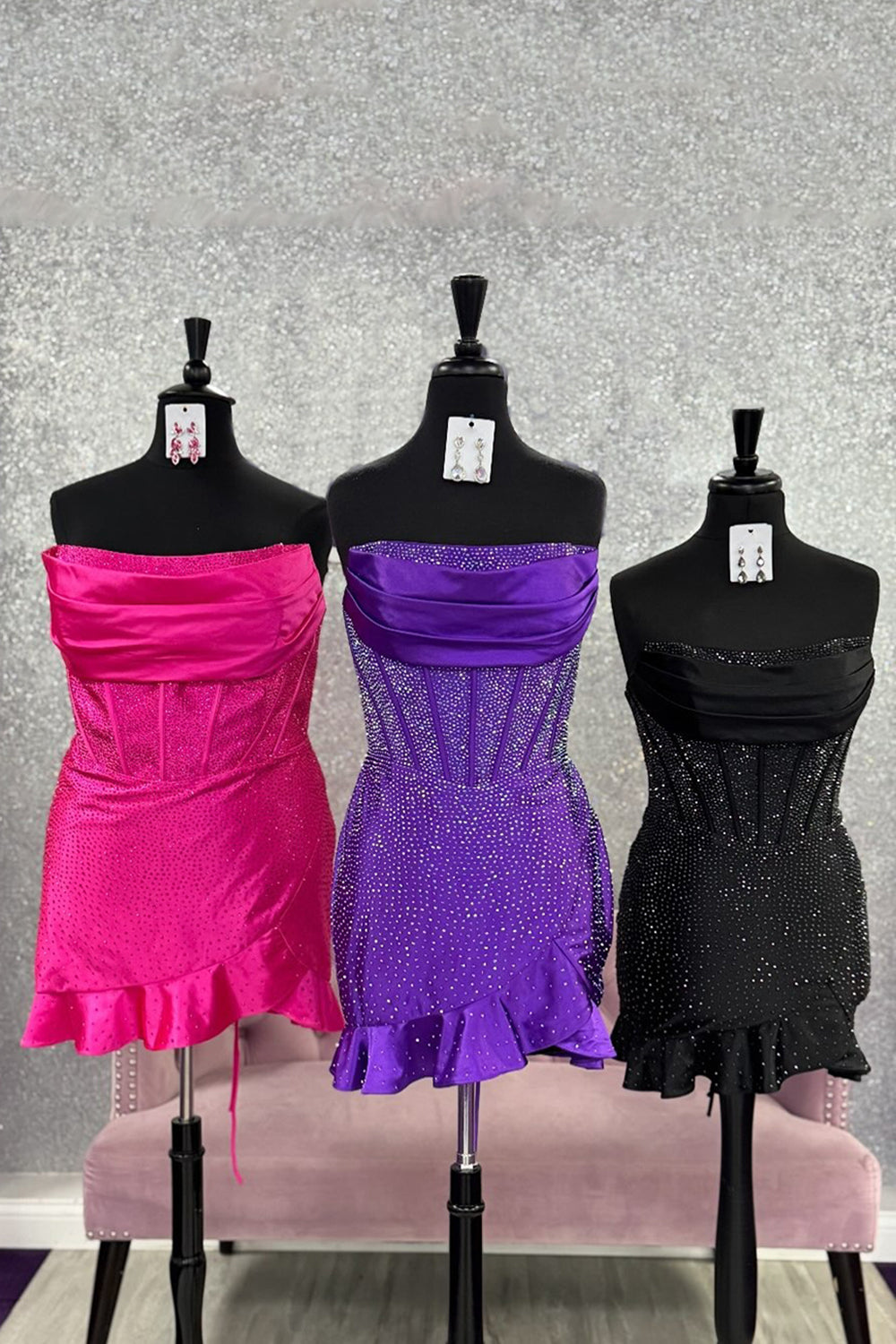 Sparkly Fuchsia Tight Strapless Short Corset Homecoming Dress with Beading