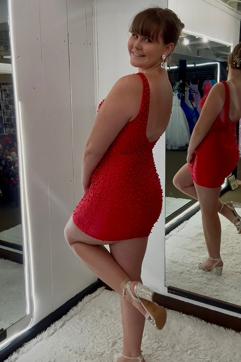 Sparkly Fuchsia Tight V Neck Short Pearls Homecoming Dress with Beading