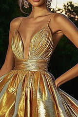 Sparkly Gold Metallic A Line Ruched High-Low Cocktail Dress