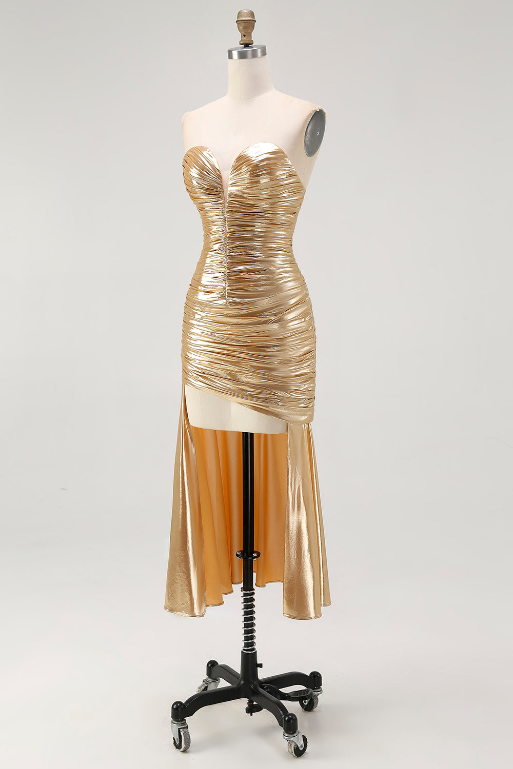 Sparkly Gold Metallic Sweetheart Ruched High-Low Cocktail Dress