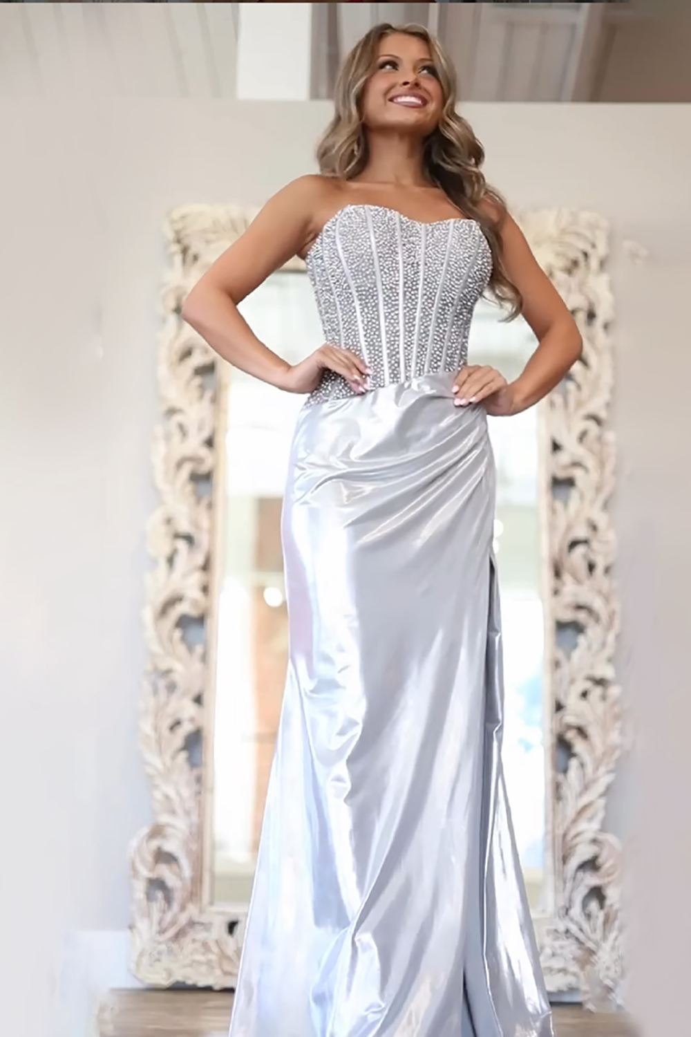 Silver strapless beaded mermaid prom dress