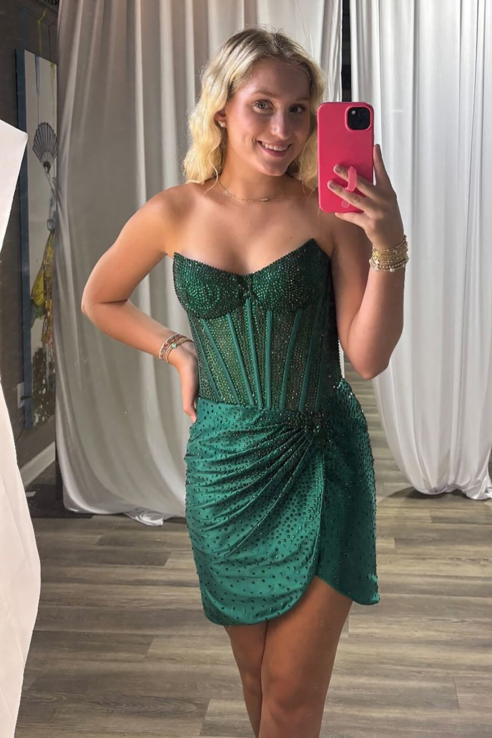 Sparkly Gold Tight Strapless Short Corset Homecoming Dress with Beading