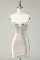 Sparkly Gold Tight Sweetheart Short Corset Homecoming Dress with Beading