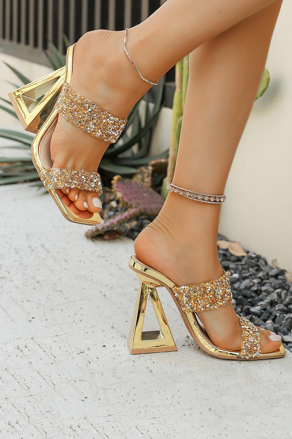 Sparkly Golden Sequin Open Toe Strappy Block Heel Sandals