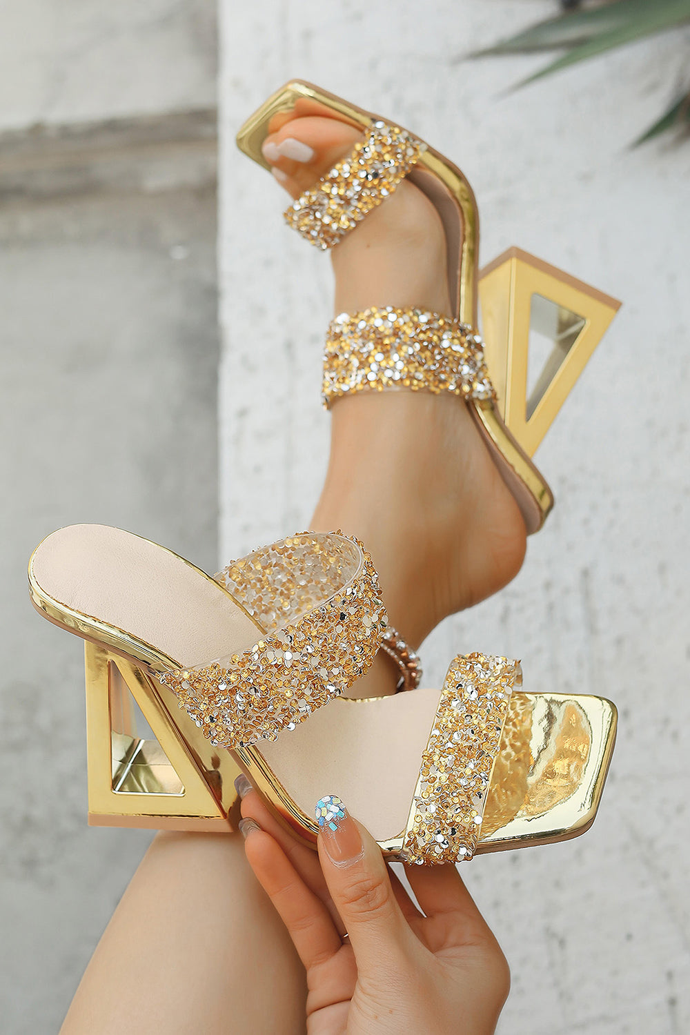 Sparkly Golden Sequin Open Toe Strappy Block Heel Sandals