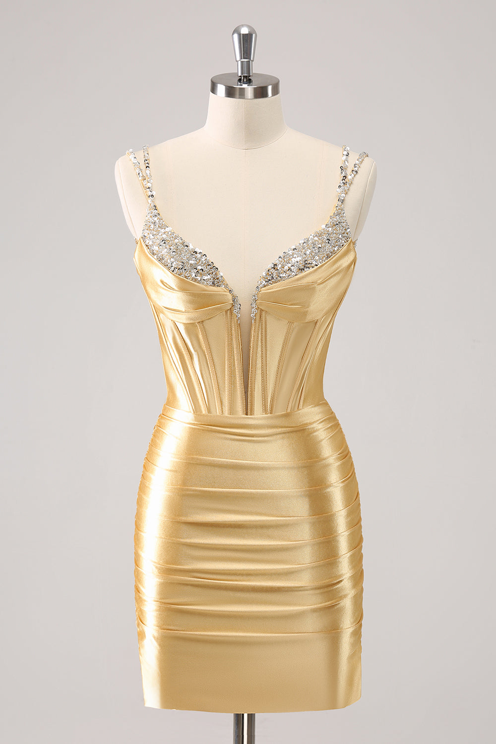 Sparkly Golden Spaghetti Straps Bodycon Satin Corset Homecoming Dress with Beading