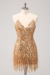 Sparkly Golden Spaghetti Straps Sequins Bodycon Short Homecoming Dress with Fringe
