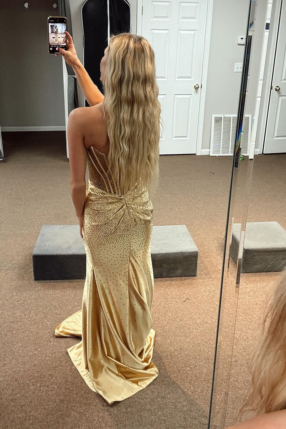 Gold sweetheart beaded mermaid prom dress