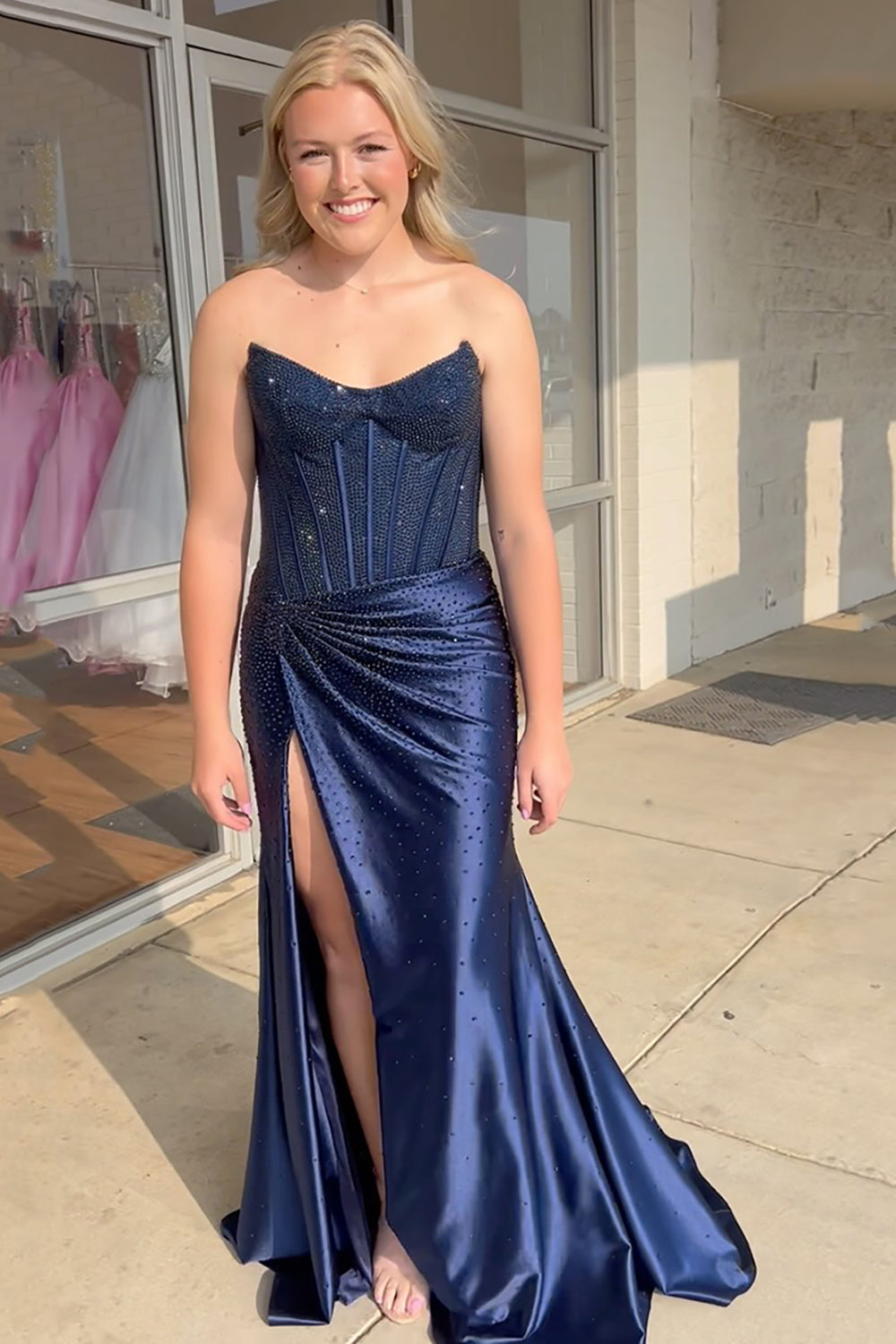 Navy sweetheart beaded mermaid prom dress