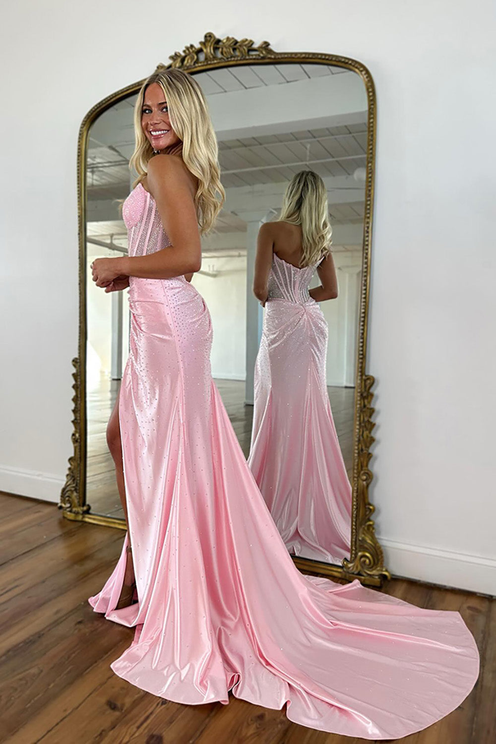 Pink sweetheart beaded mermaid prom dress