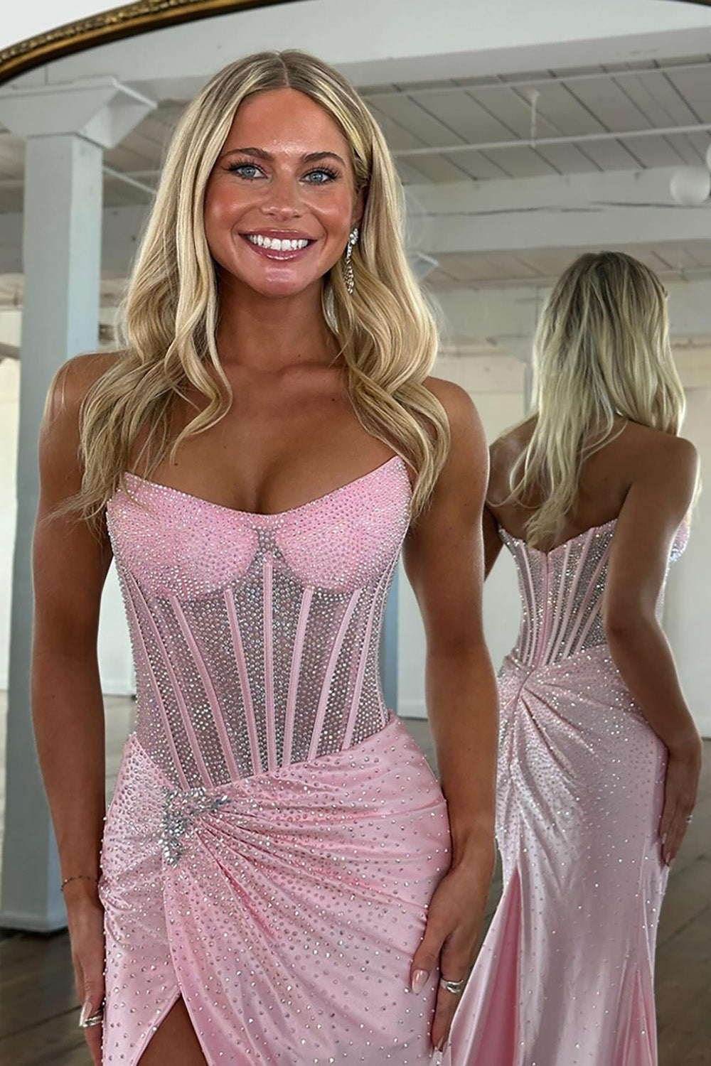 Pink sweetheart beaded mermaid prom dress