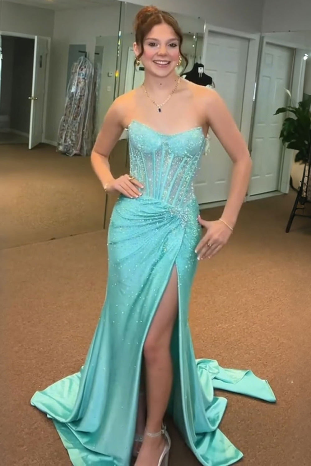 Sparkly Golden Sweetheart Mermaid Beaded Long Corset Prom Dress with Slit