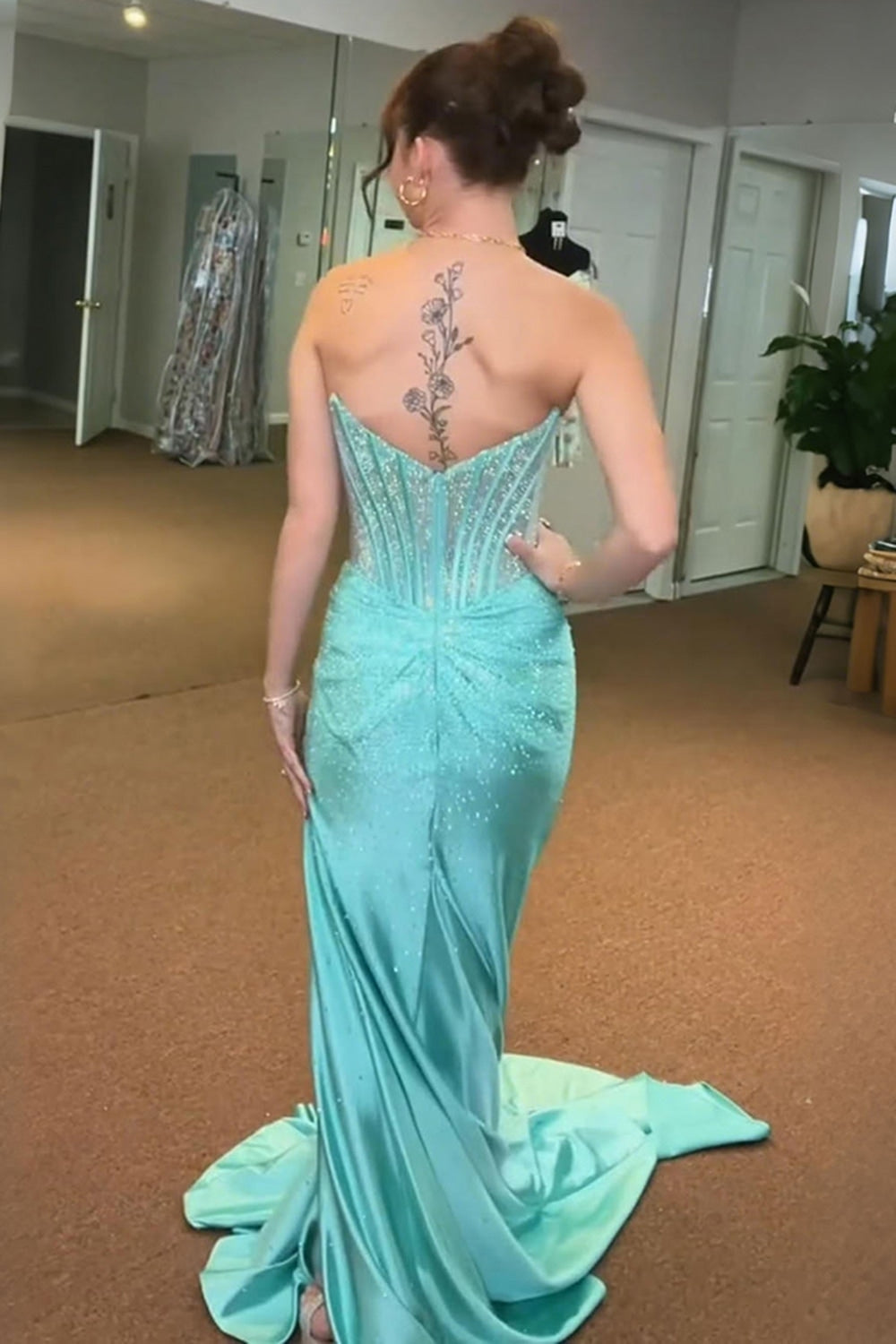 Sparkly Golden Sweetheart Mermaid Beaded Long Corset Prom Dress with Slit