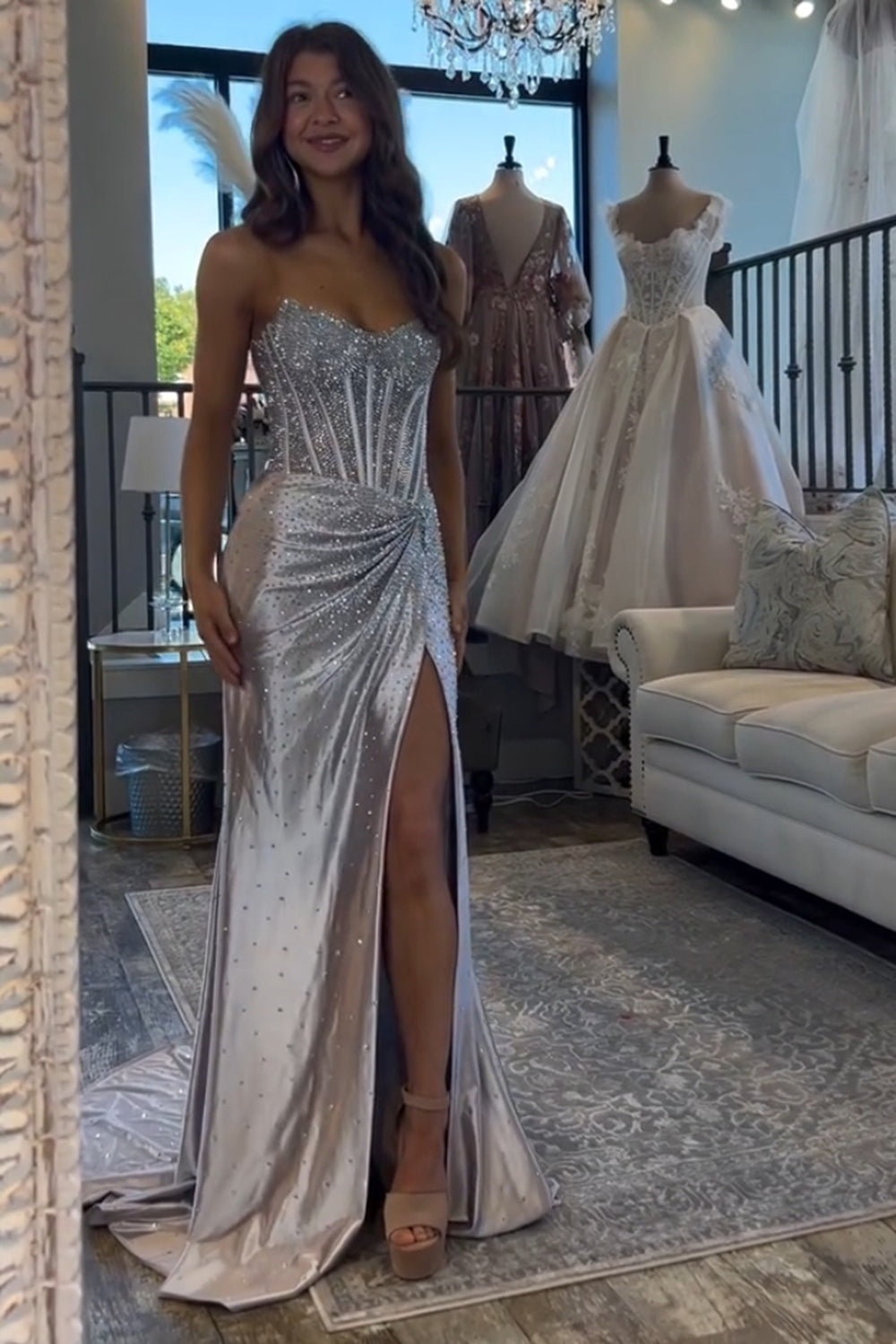 Silver sweetheart beaded mermaid prom dress