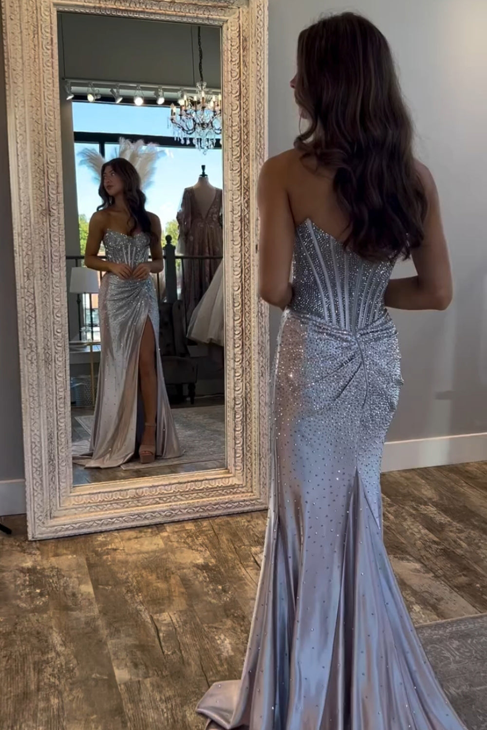 Silver sweetheart beaded mermaid prom dress