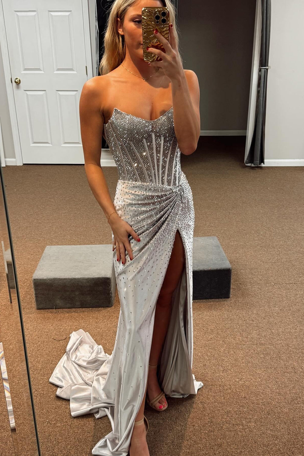 Golden sweetheart beaded mermaid prom dress