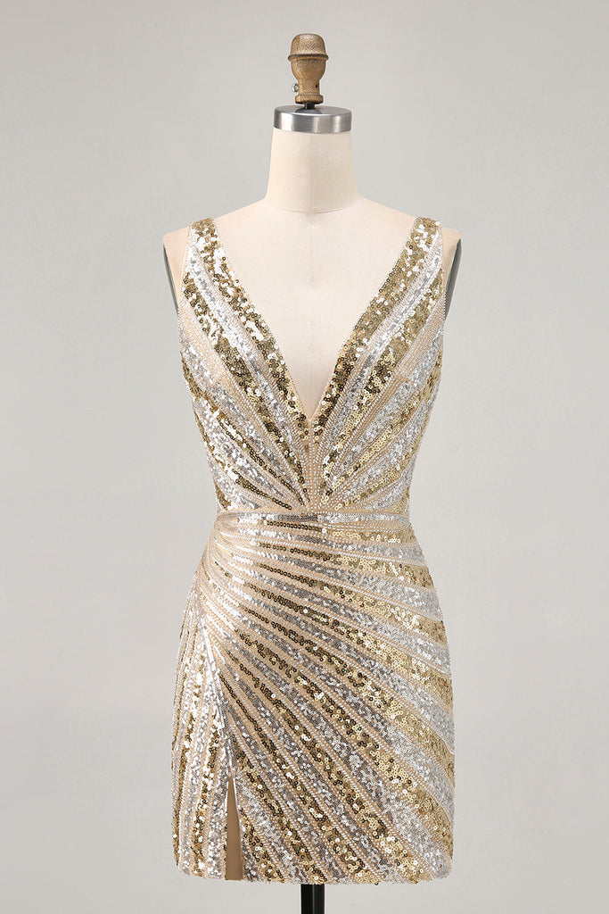 Sparkly Golden V-Neck Short Tight Homecoming Dress with Beading –  misshow.com