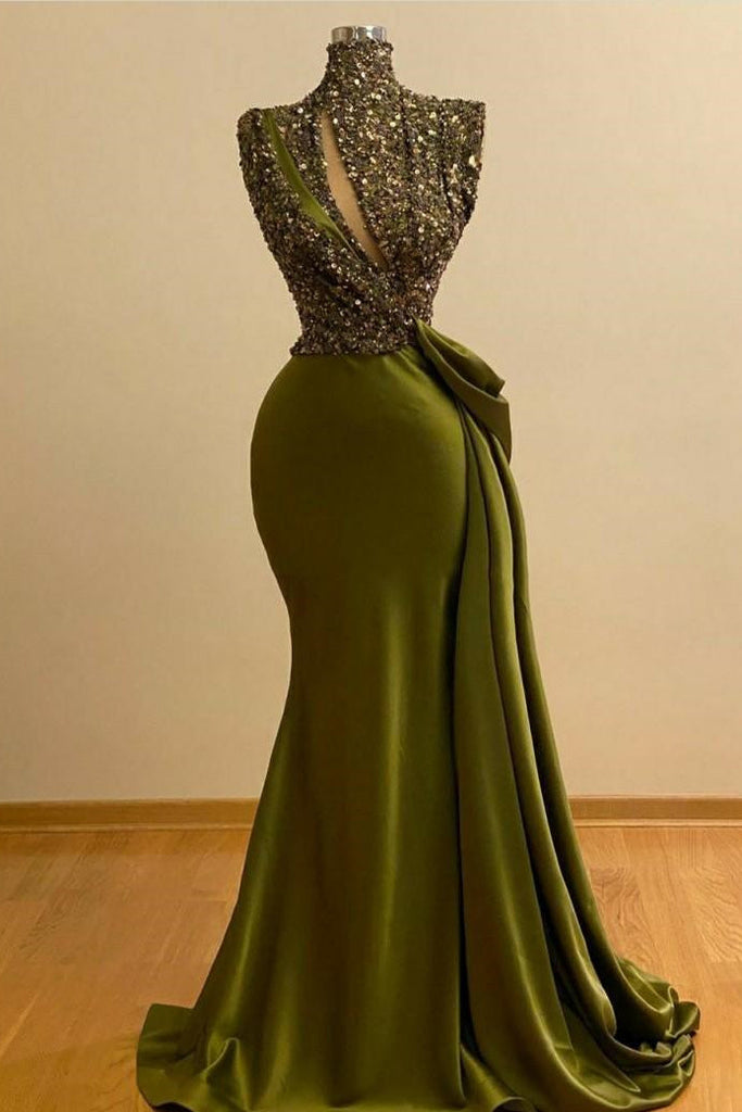 Sparkly Green Sequins High Neck Sleeveless Mermaid Prom Evening Dresses Sparkly Green Sequins High Neck Sleeveless Mermaid Prom Evening Dresses