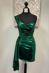 Sparkly Green Tight Ruched Short Metallic Homcoming Dress with Sash