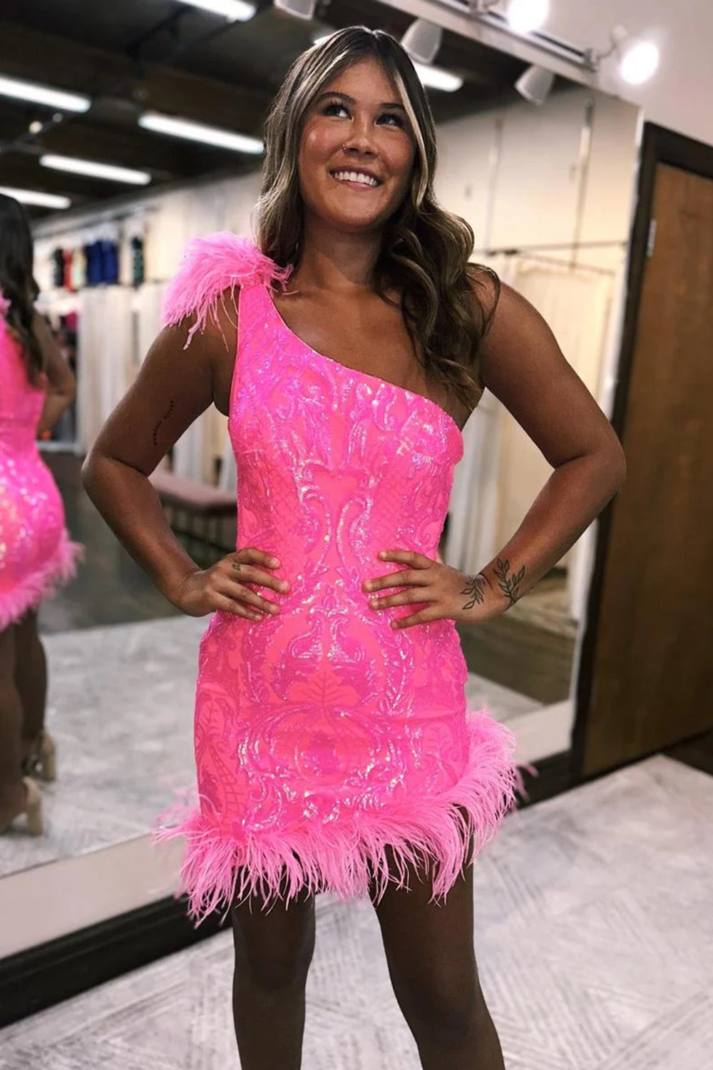 Sparkly Hot Pink One Shoulder Bodycon Homecoming Dress with Feather misshow.com Sparkly Hot Pink One Shoulder Bodycon Homecoming Dress with Feather misshow.com