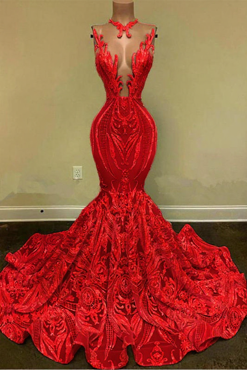 Sparkly Mermaid Glitter Floral Lace Floor-Length Prom Evening Dresses