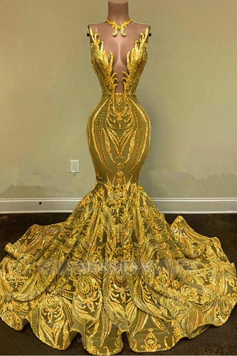 Gold v-neck glitter mermaid prom dress