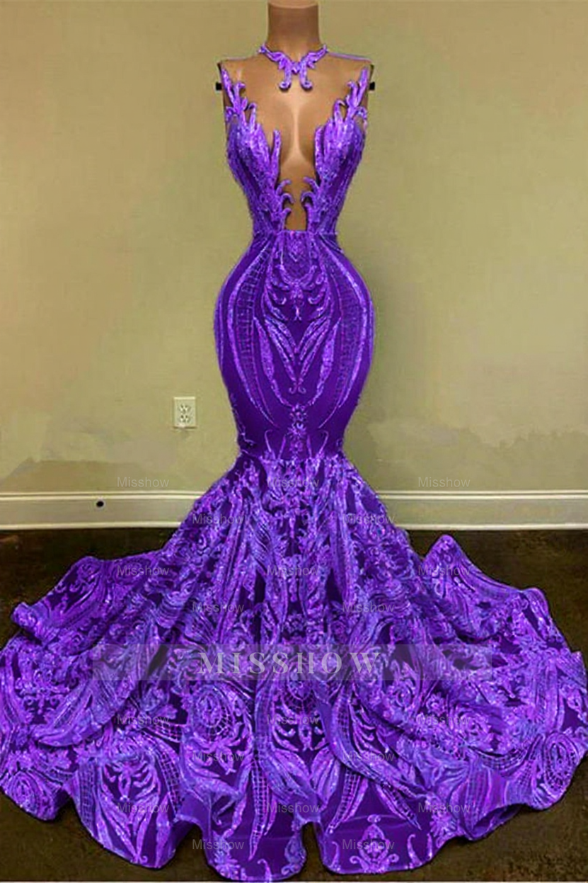 Purple v-neck glitter mermaid prom dress