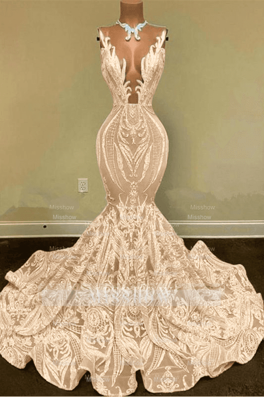 Champagne v-neck glitter mermaid prom dress