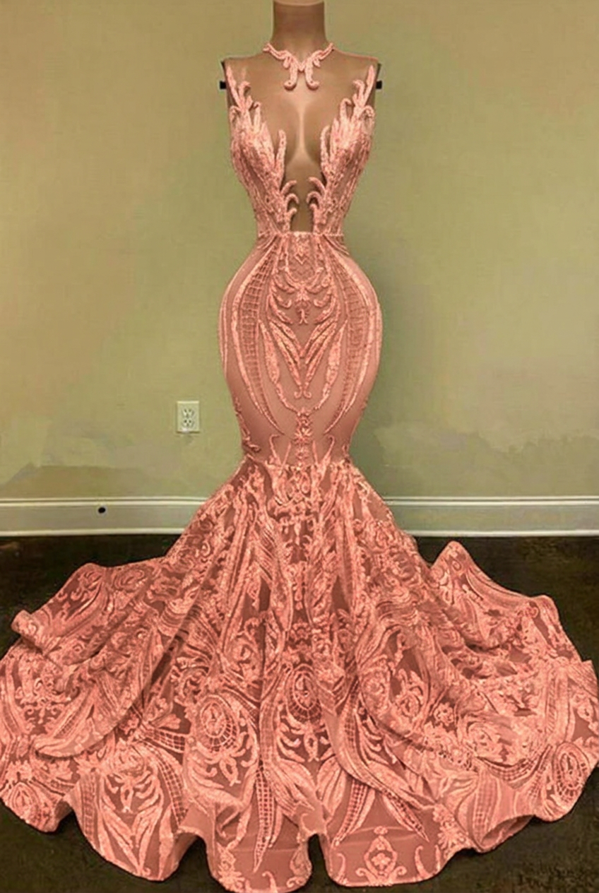 Pearl pink v-neck glitter mermaid prom dress