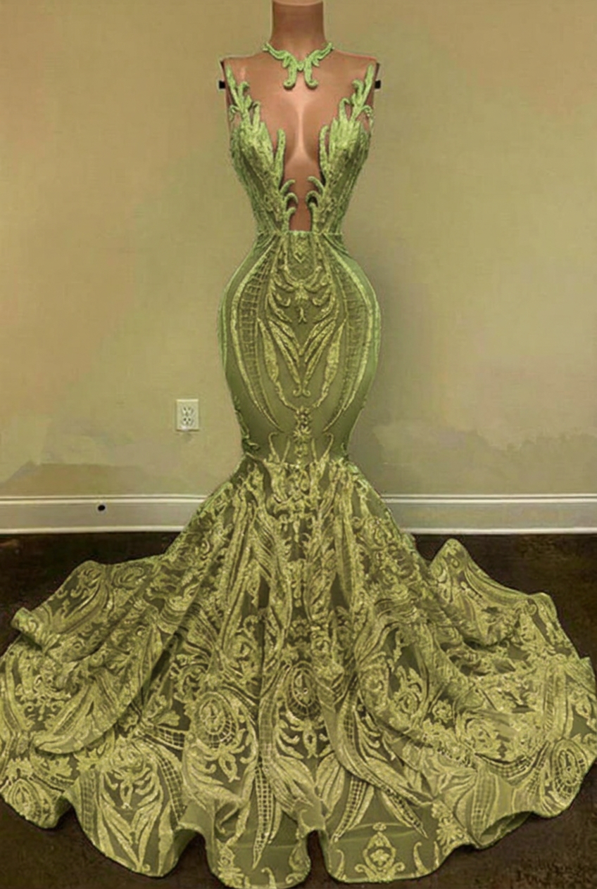 Sage v-neck glitter mermaid prom dress