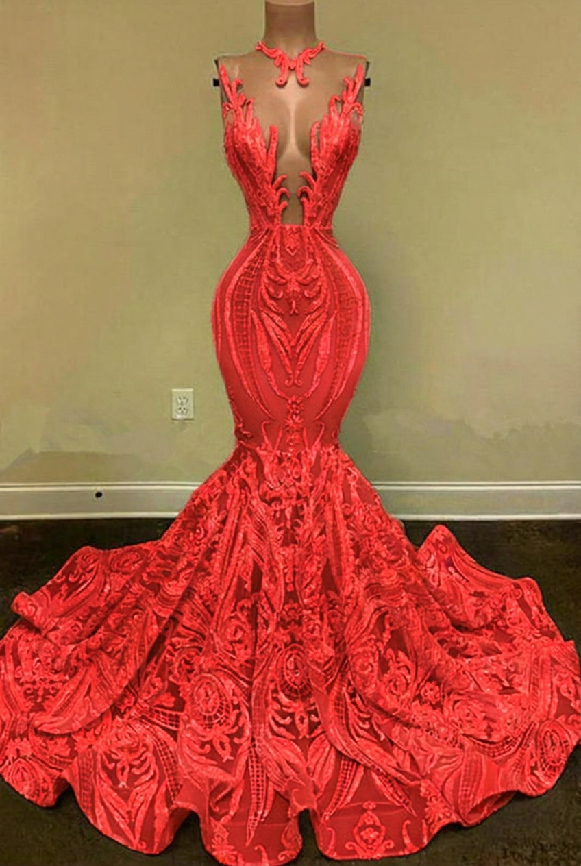 Coral v-neck glitter mermaid prom dress