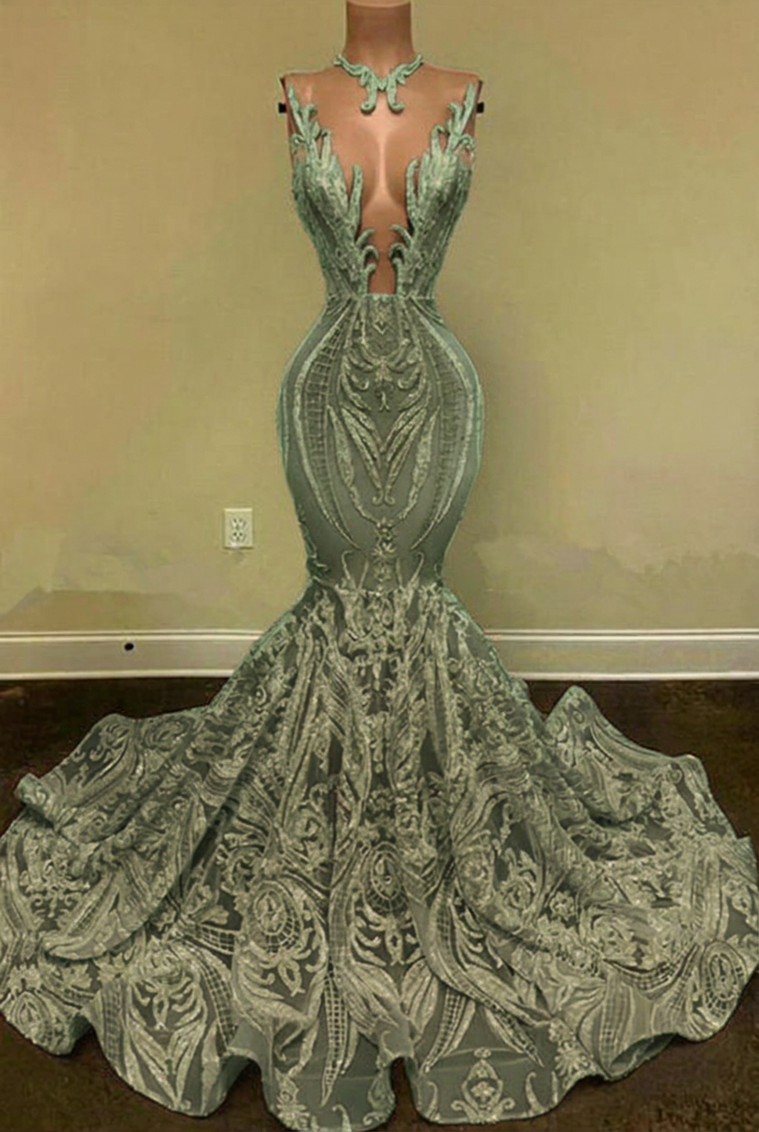 Dusty sage v-neck glitter mermaid prom dress