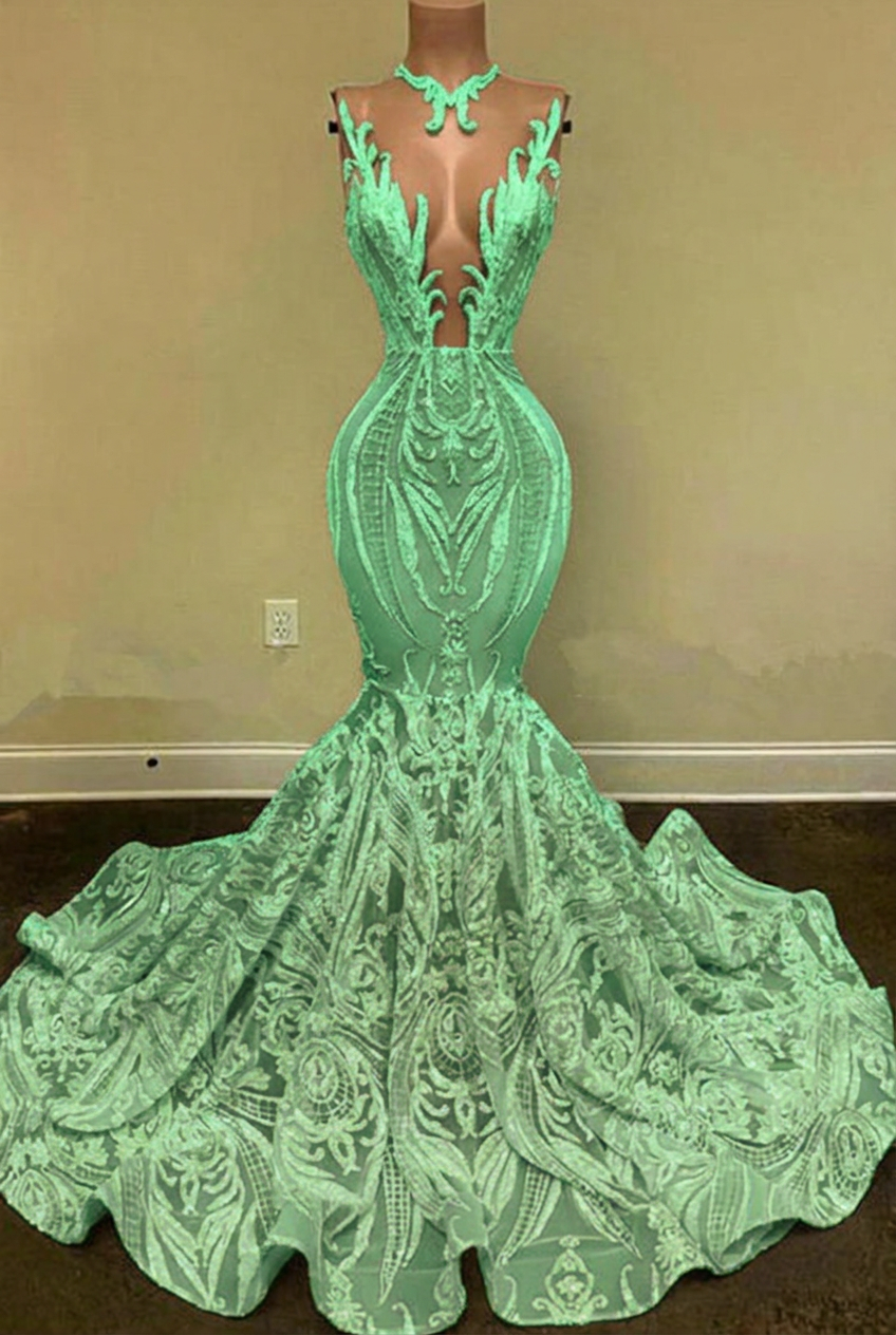 Mint green v-neck glitter mermaid prom dress