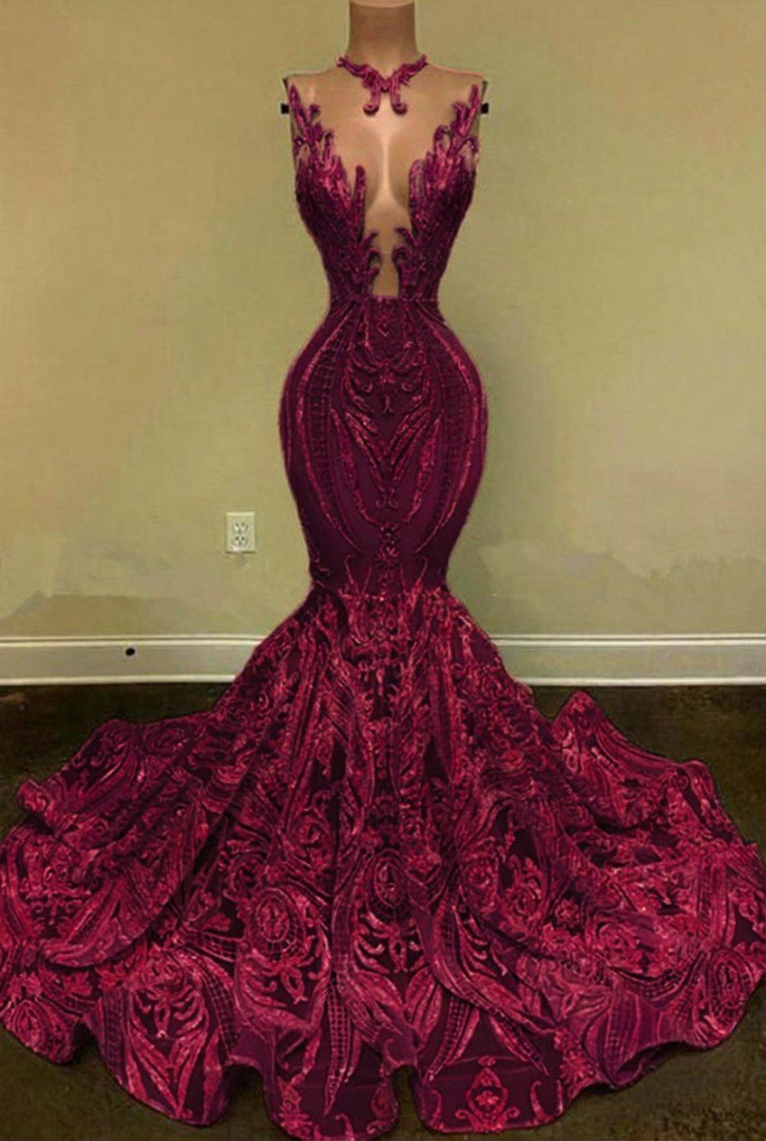 Grape v-neck glitter mermaid prom dress
