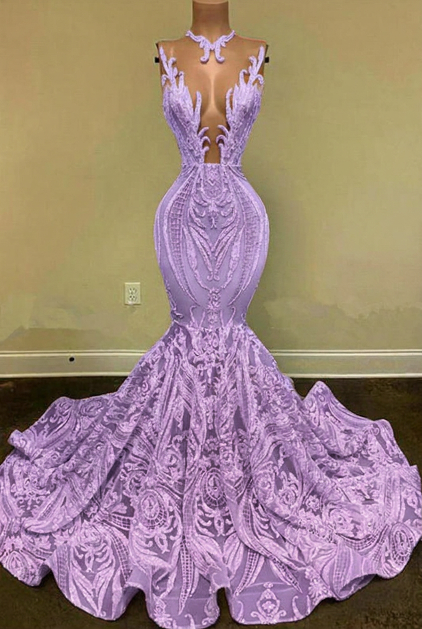 Lavender v-neck glitter mermaid prom dress